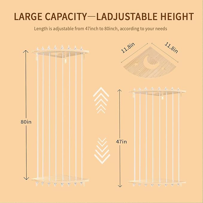 Corner Stuffed Animal Storage Wood Plush Toys Hanging Organizer Length Adjustable Stuffed Animal Holder with Moon Star Pattern Kids Toy Shelf Large Toy Storage for Nursery Playroom Bedroom Furniture