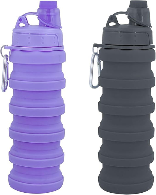 Collapsible Water Bottles Two Pack Travel Sports Portable Sport Water Bottle comes with mountaineering Buckle 500ml silicone Water-proof camping water bottle (Purple and Grey Color)