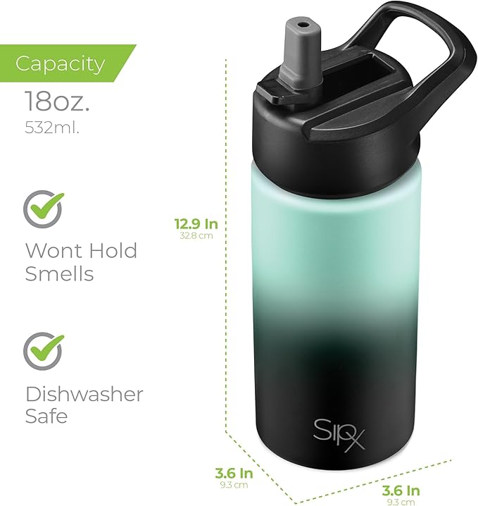 SipX™ Triple-Insulated Stainless Steel Water Bottle 18oz. With 3 Lids, BPA-Free Reusable Insulated Water Bottle Keeps Cold 24 Hours, Metal Water Bottle Made Of Sustainable Material For Hiking & Biking