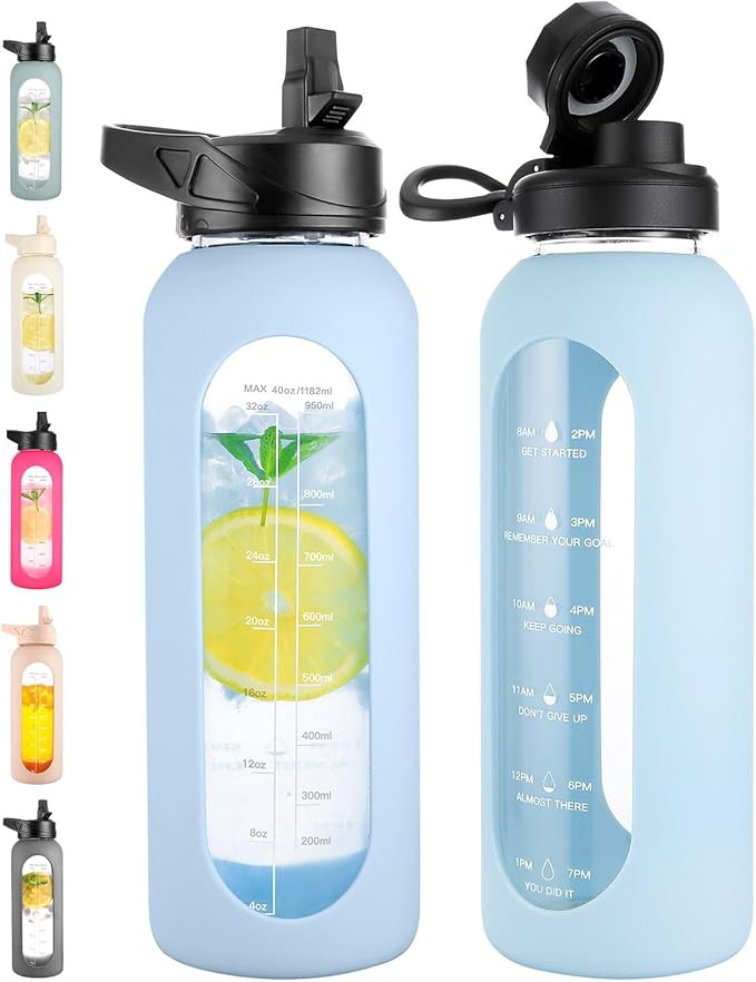 CIVAGO 40 oz Glass Water Bottle with Straw and Handle, Large Sports Motivational Water Bottle Flask with Time Marker and 2 Lids, Leakproof Water Jug Canteen with Silicone Sleeve for Gym,Light Blue