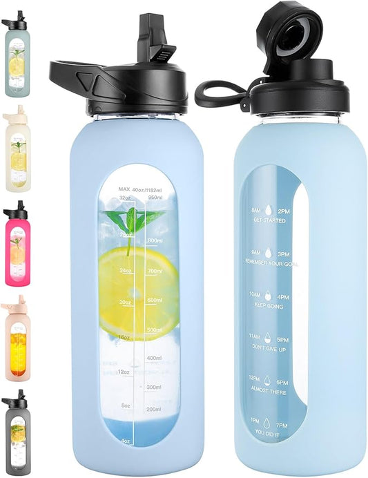 CIVAGO 40 oz Glass Water Bottle with Straw and Handle, Large Sports Motivational Water Bottle Flask with Time Marker and 2 Lids, Leakproof Water Jug Canteen with Silicone Sleeve for Gym,Light Blue