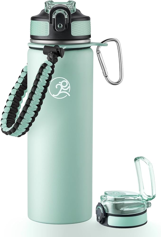 GOSWAG Insulated Sports Water Bottle, 24oz 2 Lids(with Straw/No Straw), Stainless Steel Water Bottles with Paracord Handle, Insulated Thermos with Double-Wall Vacuum Insulation