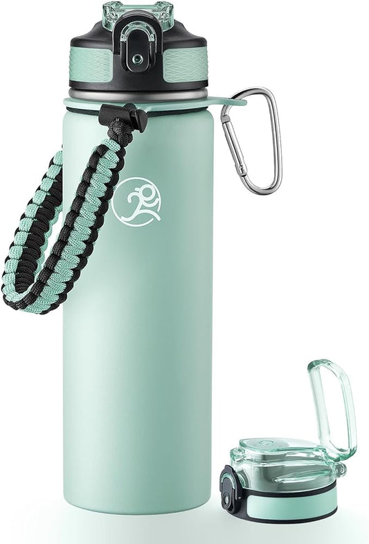 GOSWAG Insulated Sports Water Bottle, 24oz 2 Lids(with Straw/No Straw), Stainless Steel Water Bottles with Paracord Handle, Insulated Thermos with Double-Wall Vacuum Insulation