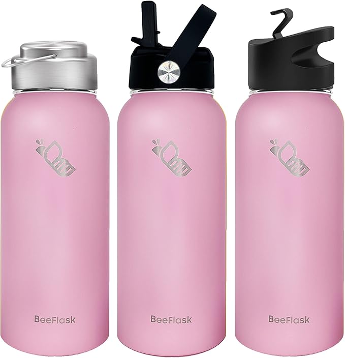 Sports Water Bottle - 32 Oz, 3 Lids (With straw), 50 Cute Stickers, Vacuum Insulated, 308 Stainless Steel, with a Portion of Sales Supporting Bee Conservation Efforts (Baby Pink)
