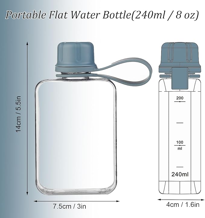 Tritan Transparent Flat Water Bottle samll Water Bottle Slim Square Pocket Bottle Water Flask, BPA Free/Slim Design/Leak Proof Water Bottle for Travel, Outdoor, Sports (Light Blue, 240ML)