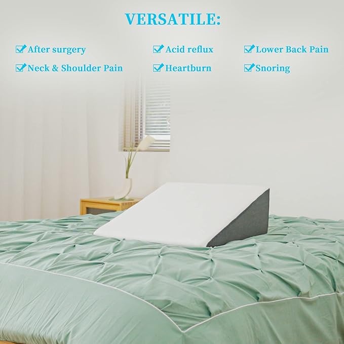 Bed Wedge Pillow for Sleeping, 8" 24" 24" Triangle Pillow Wedge, Cooling Memory Foam Top, Elevated Support Wedge Pillow - Removable Washable Cover