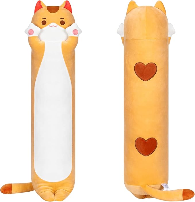 Long Cat Plush Kawaii Body Pillow, 36” Cute Brown Cat Stuffed Animals Soft Plushies, Orange Kitten Plush Throw Pillow Doll Toy Gift for Girlfriend