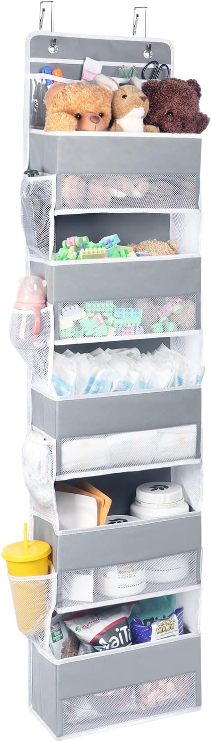 Univivi Over Door Hanging Organizer Storage with 5 Large Pockets and 2 Small PVC Pockets for Cosmetics Wall Hanging Storage Organizer for Pantry Baby Nursery Bathroom Closet Dorm(Grey)