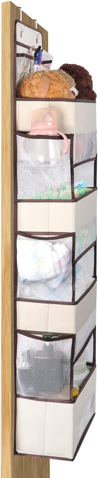Univivi Over Door Hanging Organizers and Storage Nursery Closet Cabinet Baby Storage with 4 Large Compartments 2 Small PVC Pockets with 6 Side Pockets for Cosmetics, Toys and Sundries (Beige)