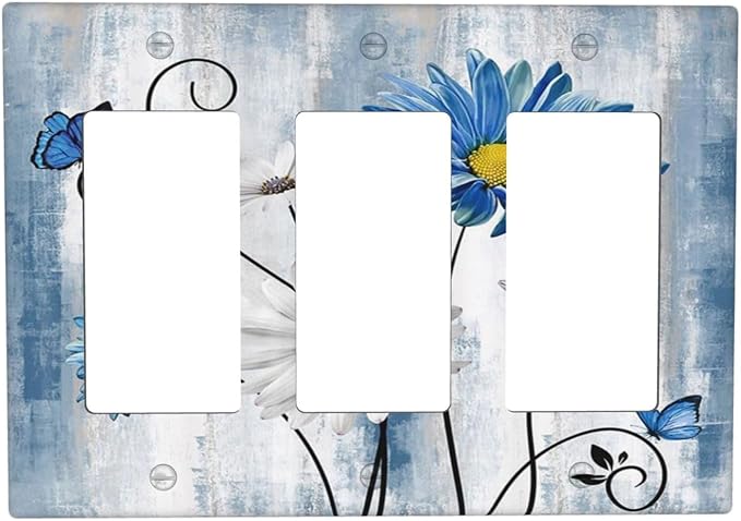 Rustic Teal Blue Daisy Floral 3 Gang Rocker Light Switch Covers Triple Outlet Wall Plate Decorative Switchplate Cover Faceplate GFCI for Country Bathroom Bedroom Kitchen Decor