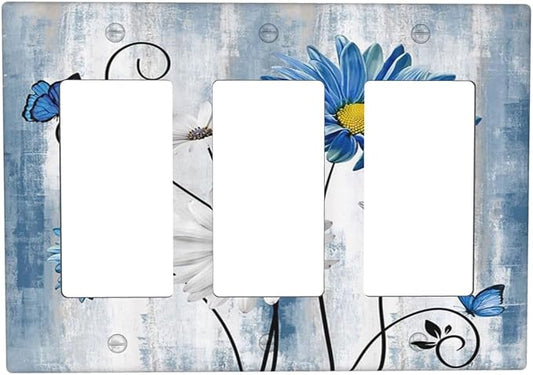 Rustic Teal Blue Daisy Floral 3 Gang Rocker Light Switch Covers Triple Outlet Wall Plate Decorative Switchplate Cover Faceplate GFCI for Country Bathroom Bedroom Kitchen Decor