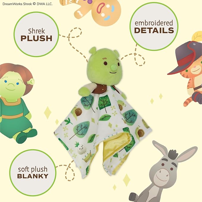 Shrek Blanky – Plush Shrek Head with Embroidered Facial Details – Made with Super Soft & Snuggly Material & Satin Underlay – Perfect for Nap Time or Loveable Gift for Baby Boys & Girls