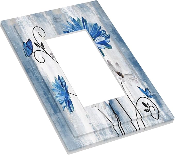 Rustic Teal Blue Daisy Floral Farmhouse 1 Gang Rocker Light Switch Covers Single Decora Outlet Wall Plate Decorative Switchplate Faceplate GFCI for Country Bathroom Bedroom Kitchen Decor