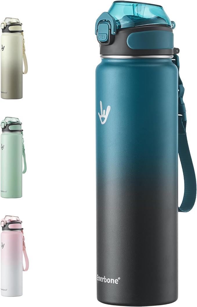 Enerbone Insulated Water Bottle, 32 oz Stainless Steel Water Bottles with Carrying Strap, Double-Wall Vacuum Insulation Thermos, Leakproof Sports Bottle with Straw, Keep Drinks Hot or Cold for Hours