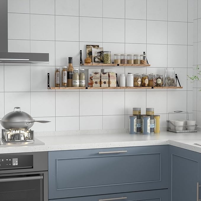 Floating Book Shelves for Wall Set of 3, Wall Bookshelf, 33 inch Long Wood Shelf for Wall Storage, Hanging Shelving for Bedroom, Bathroom, Living Room, Kitchen, Office and Plants (Carbonized Black)