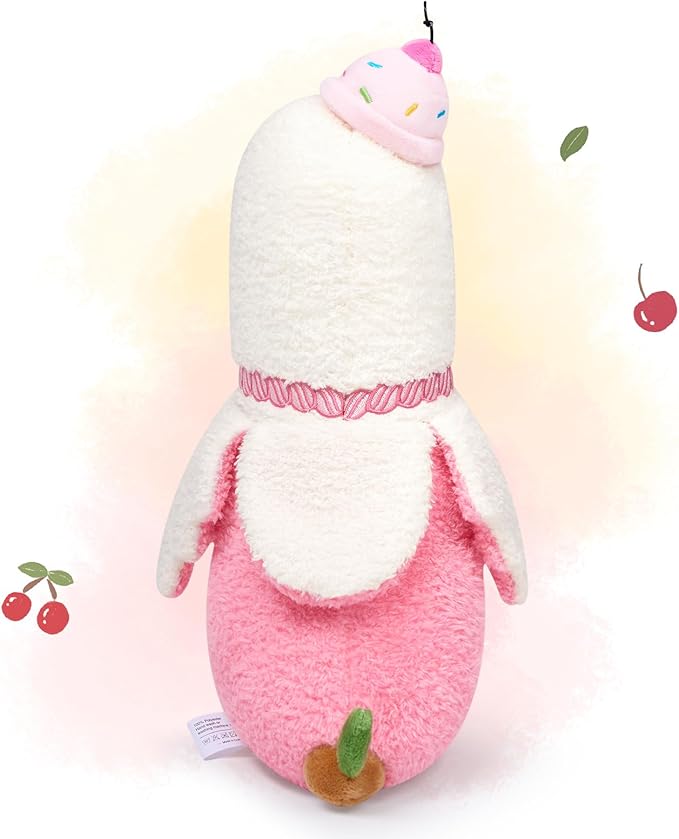 PEACH CAT Banana Duck Plush Pillow with Cherry Cake Hat Banana Duck Stuffed Animal Gift for Girls Boys White and Pink 12"