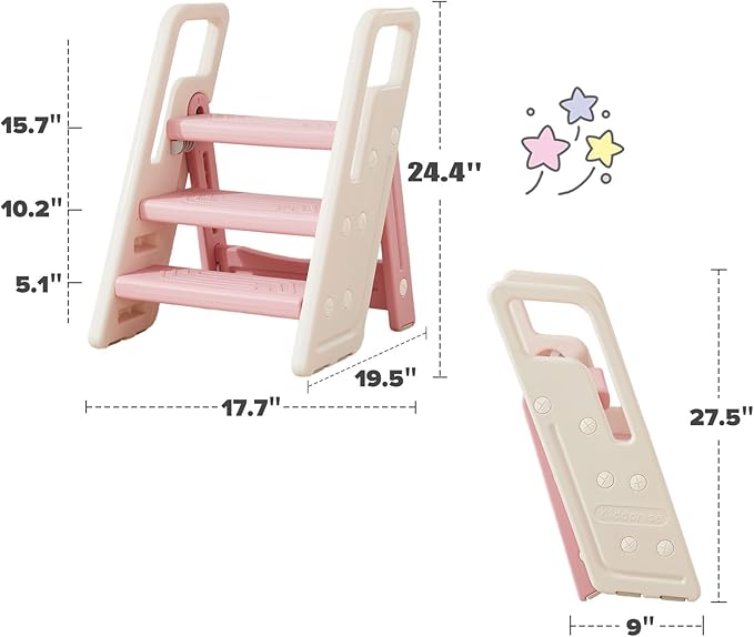 Folding Toddler Step Stool for Bathroom Sink,Adjustable 3 to 2 Step Stools for Toilet Potty Training,Sturdy Kids Step Stool for Kitchen Counter with Handle,Pink