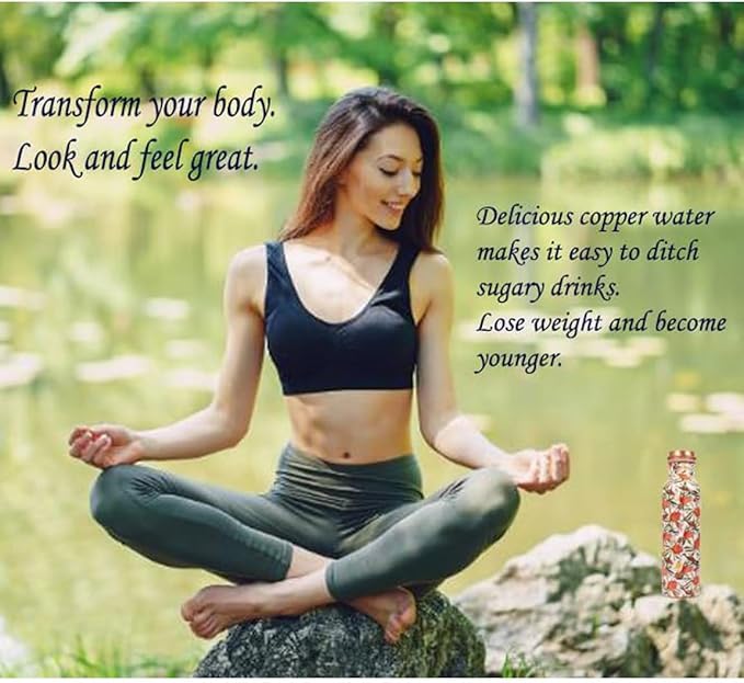 Pure Copper Water Bottle - Handcrafted - Ayurveda Health Benefits -Fruits Prints 35 OZ - Leak proof - Easy to carry For Sports, Fitness, Yoga, School - Vintage Enamel.