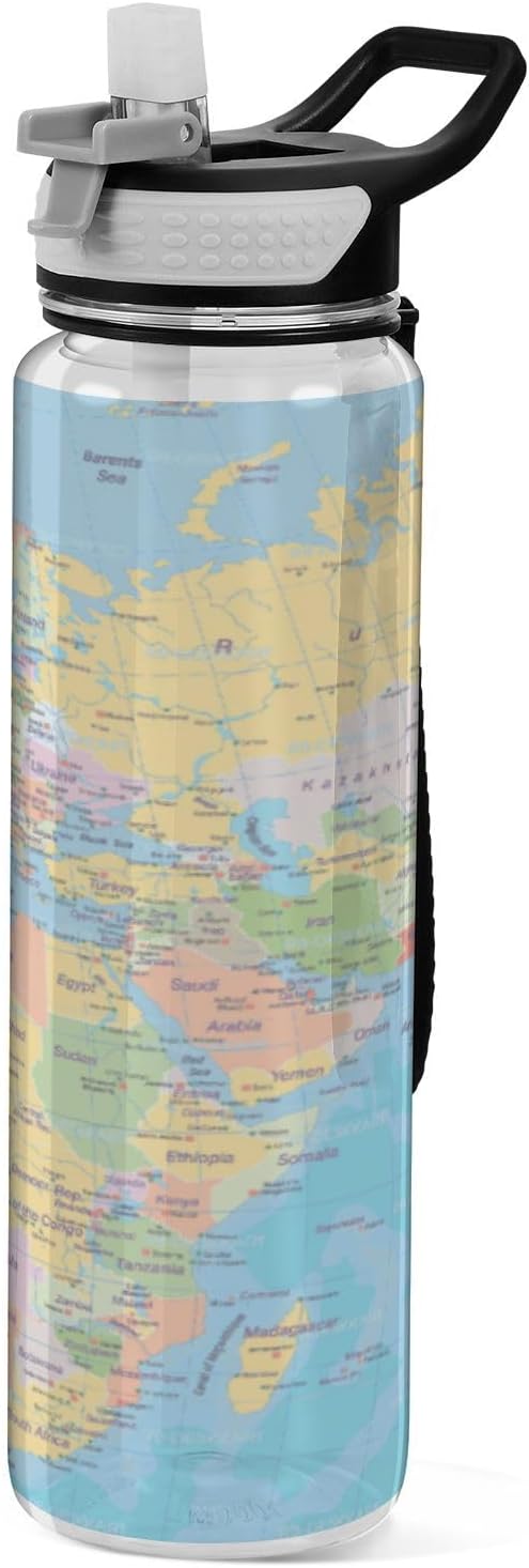 Kigai World Map Clear Water Bottle with Straw Lid, BPA-Free Leakproof Sport Water Bottle 32oz Large Gym Water Jug for Men Women Travel Fitness Outdoor