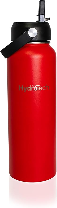 HydroTech Stainless Steel Leak Proof Water Bottle with Double Wall Insulation and 2 Lids (Straw Lid) - 40 OZ. (Red)