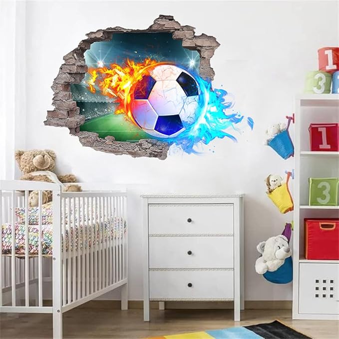 3D Soccer Wall Stickers Removable Soccer Wall Decals for Boys Break Through The Wall Vinyl Football Soccer Wall Stickers Murals Vinyls Decals for Teenager Room Playroom Decor (T0206)