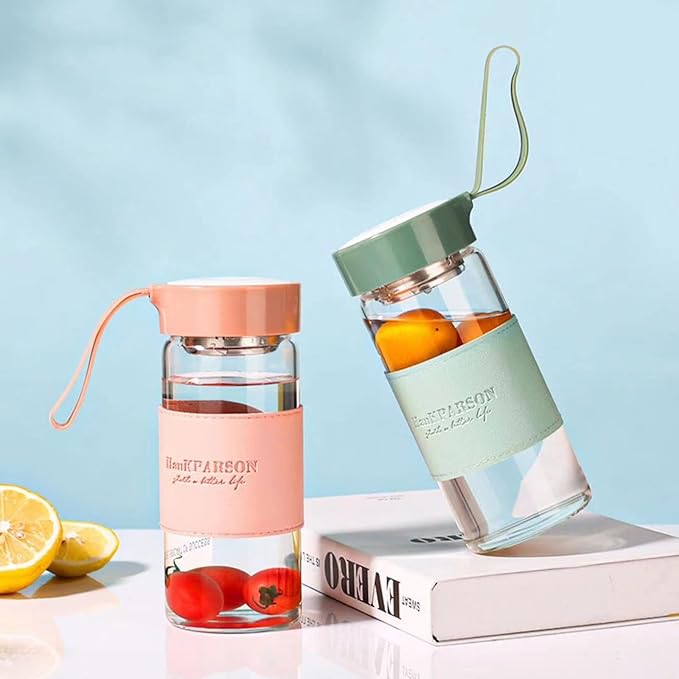 Glass Water Bottles 16 Oz Borosilicate water bottle-with sealing cap and Holsters and filters - BPA free,Men and Women Portable Glass Bottle (Grey)