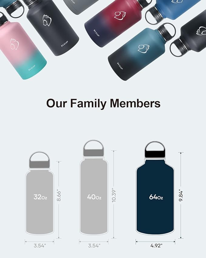 BUZIO Water Bottle with Straw lid, Spout Lid, Hand Lid and Carrying Pouch, 32oz 40oz 64oz Stainless Steel Water Flask Jug, Cold for 48 Hrs Hot for 24 Hrs Double Vacuum Thermo Canteen Mug, BPA-Free