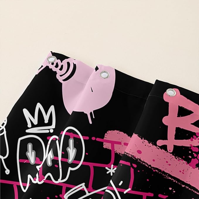 AILONEN Black Pink Graffiti Shower Curtains for Teens Girls,Hip-Hop Music Bath Shower for Bathroom,Polyester Waterproof with 12 Hooks,72" W*72" H Black Pink