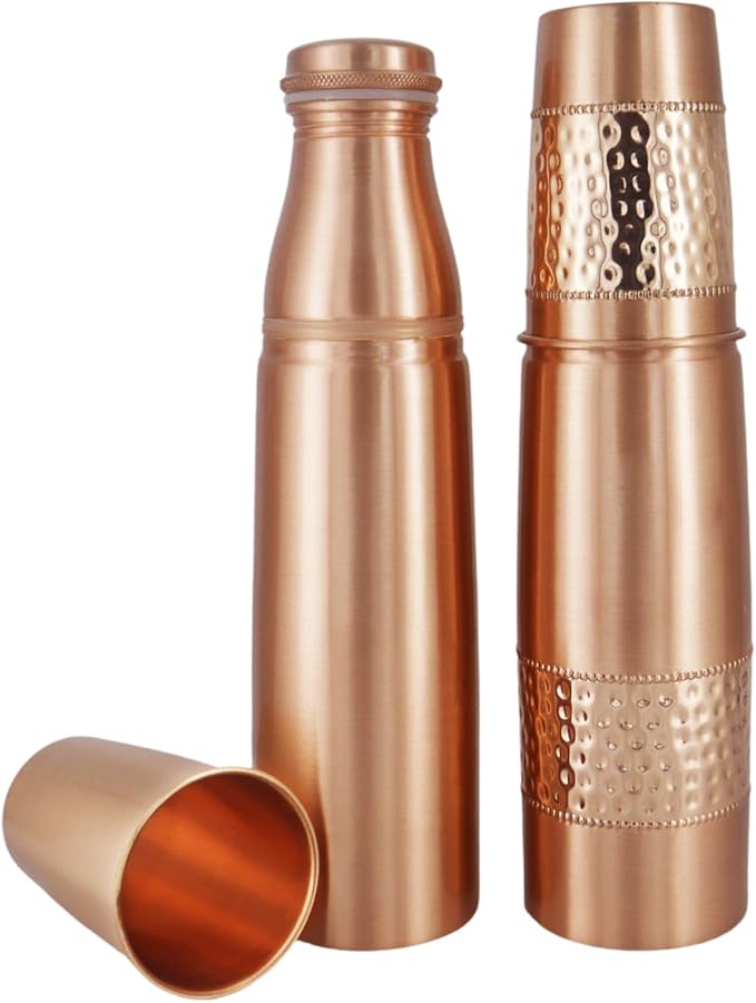 Set of 2 Copper Water Bottles With Copper Tumblers For Ayurveda Health Benefits 1000 Ml Capacity