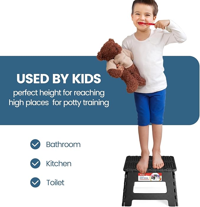 ACSTEP 9 Inch Folding Step Stool 300 LB Capacity Non Slip Foot Stool with Handle Plastic Foldable Step Stools for Kids Stepping Stool for Bathroom Black Small Step Stool (1 PC Black)
