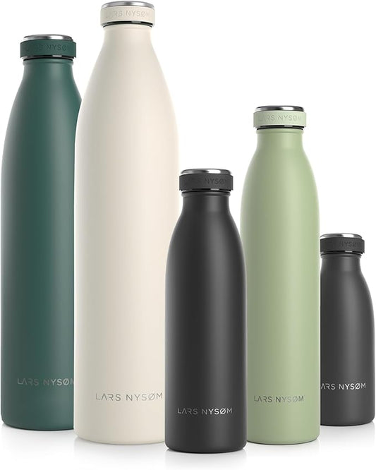 LARS NYSØM Stainless Steel Insulated Water Bottle 12oz 17oz 25oz 34oz 51oz | BPA-free Insulated Thermo Flask for Hot and Cold Beverages | Leakproof Drinking Bottle (Onyx Black, 17oz)