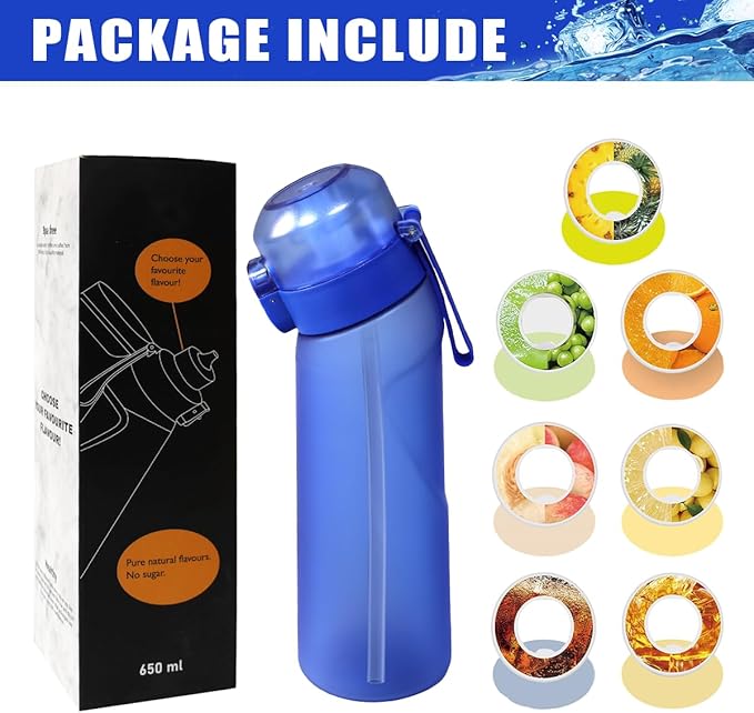 Water Bottle with Flavor Pods 21.9 Oz/650ml Fruit Fragrance Water Bottle Recyclable Sports Air Water Cup Scented Pods for Outdoor (Deep Blue)
