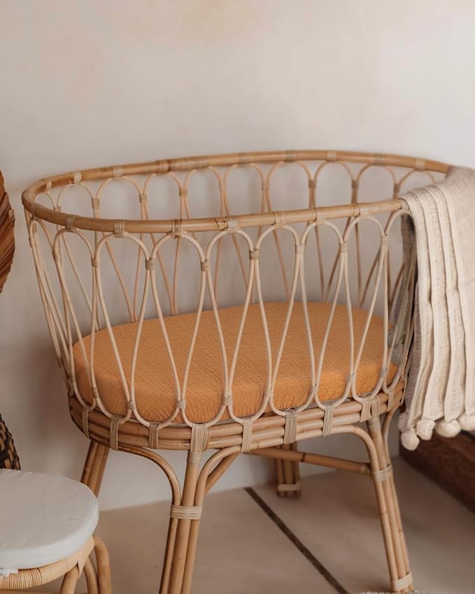 Blissful Diary Muslin Bassinet Sheets for Baby Girls Boys, Boho Soft Cotton Fitted for Oval Hourglass Rectangle Mattress, 2 Pack(Retro Yellow&Beige)