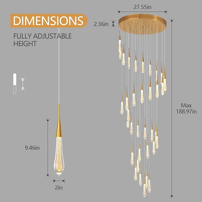 LMQNINE 36 Light Modern Crystal Chandelier Dimmable LED High Ceiling Chandelier Crystal Bubble Gold Pendant Lights Living Room Lobby 180W Staircase Chandeliers