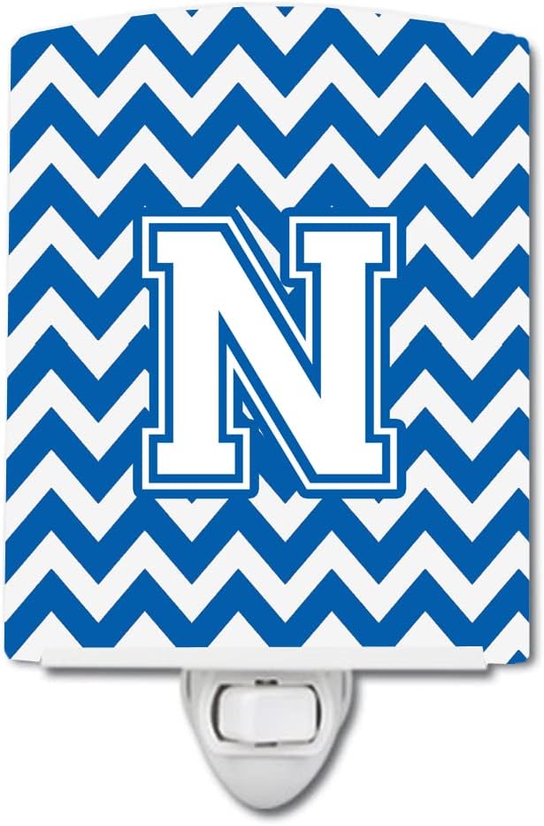 Caroline's Treasures CJ1045-NCNL Letter N Chevron Blue and White Ceramic Night Light Compact, UL-Certified, Ideal for Bedroom, Bathroom, Nursery, Hallway, Kitchen, 6x4x3, Multicolor