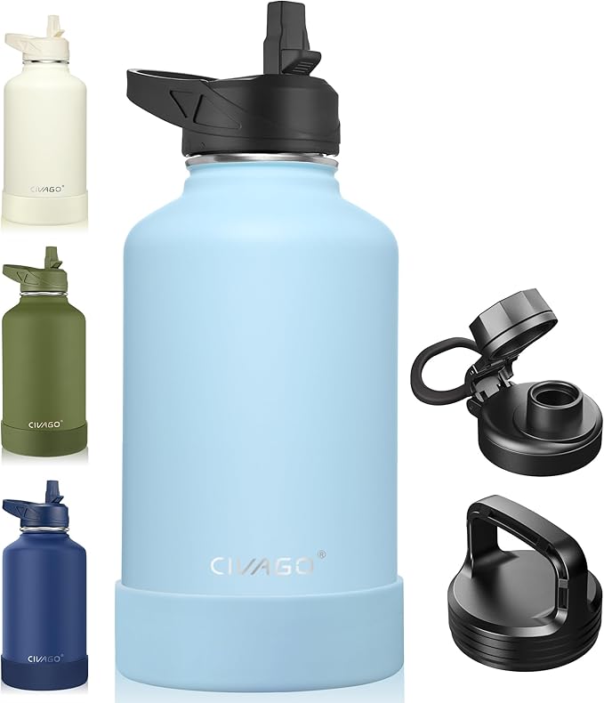 CIVAGO 64 oz Insulated Water Bottle With Straw, Half Gallon Stainless Steel Sports Water Flask Jug with 3 Lids (Straw, Spout and Handle Lid), Large Metal Thermal Cup Mug, Light Blue