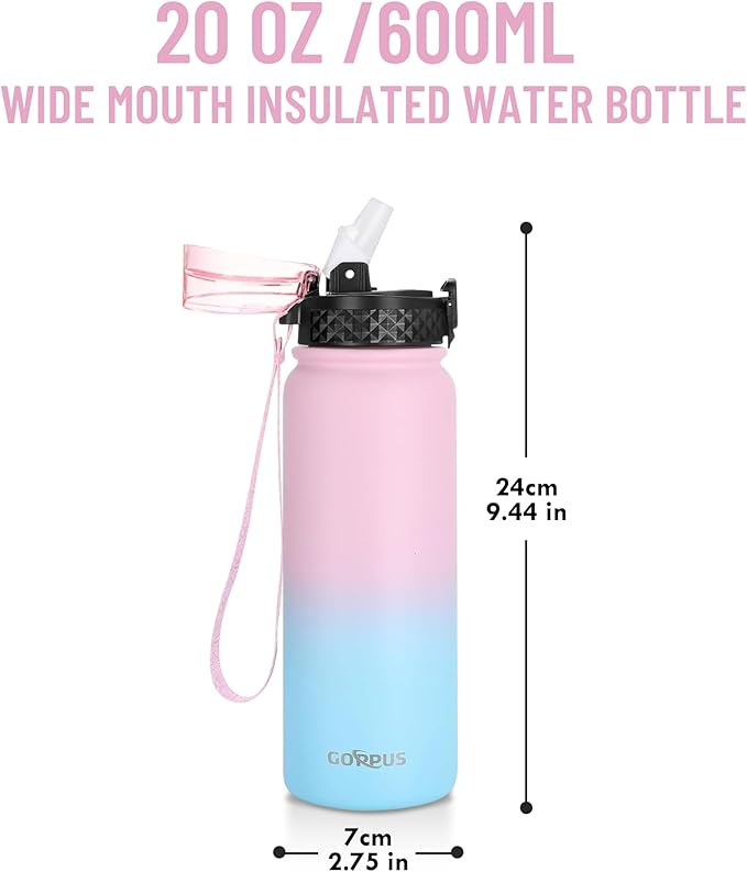 GOPPUS 20 oz Kids Water Bottle with Straw Wide Mouth Lid Leak Proof Double Walled Insulated Stainless Steel Water Bottles Stickers for Boys Girls School (Pink Blue 1 Lid)