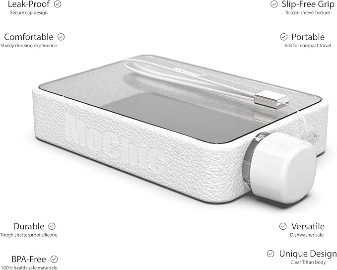 Mochic 13oz Portable Water Flask Flat Water Bottle for Purse Mug BPA Free A5 Slim Square Water Bottle Flask Leak Proof Plastic Flask Bottle for Travel (White)