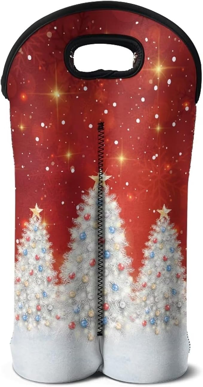 doginthehole 2 Bottle Wine Carrier Neoprene Wine Bottle Tote Red Silvery Xmas Tree Print Bottle Holder for Travel Picnic Portable Wine Champagne Bottles Bag for Christmas Party