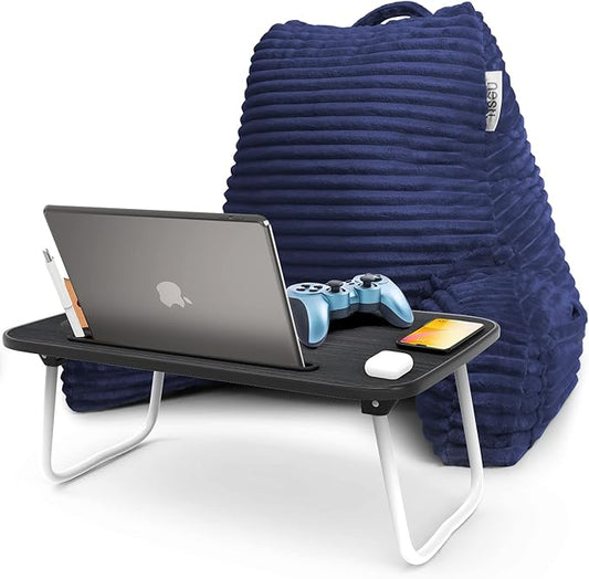 Nestl Reading Pillow with Portable Lap Desk Stand for Laptop 22x14”, Cut Plush Striped Back Pillow, Back Support Pillow, Shredded Memory Foam Bed Rest Pillow with Arms for Kids & Teens, Medium - Navy