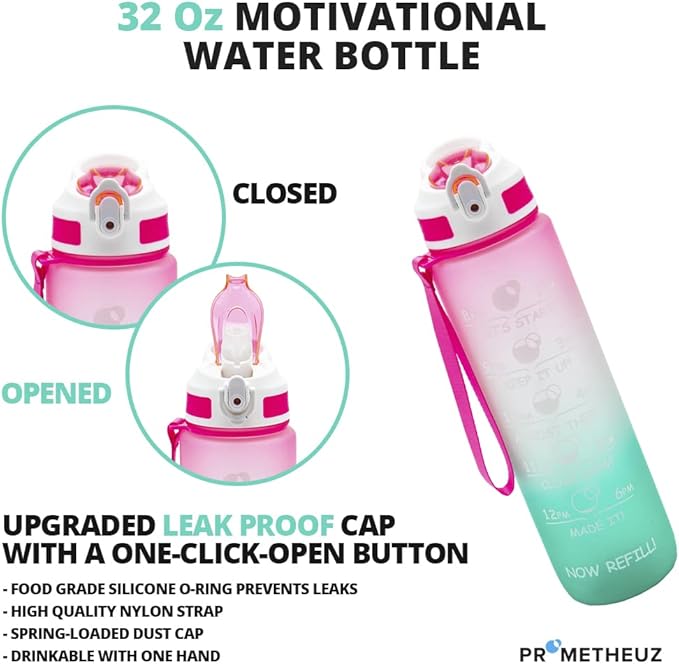 PROMETHEUZ Sports Water Intake Reminder Bottle with Time Marker and Straw, Leakproof Tritan BPA-Free, Fast Flow, Dark Pink Purple Mint, 32 oz