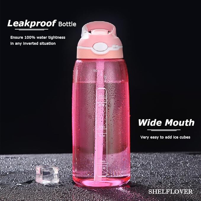 SHELFLOVER Pink Water Bottle With Narrow Straw, BPA FREE Clear Bottles With Handle One Hand Use Easy Carried, Flip Up, Suit School, Office, Gym, Office For Women, 32oz (1000ml)
