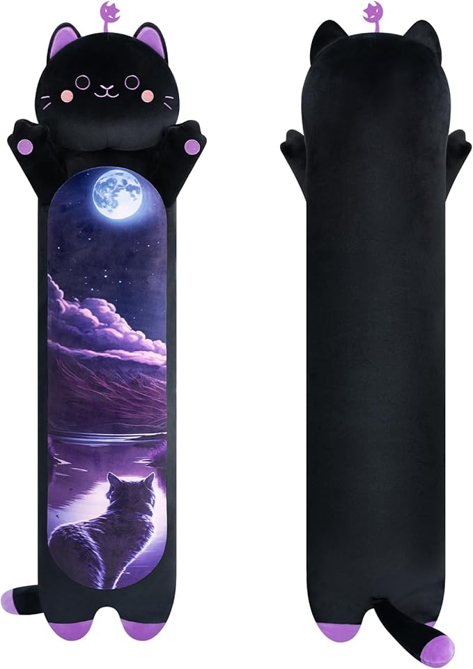 Long Cat Plush Kawaii Kids Plush Toy Pillows, Cute Black Cat Stuffed Animals Soft Plushies, Kitten Big Plush Toys Throw Body Pillow Doll Gift for Girls Boys (Purple Devil Cat 44 Inch)