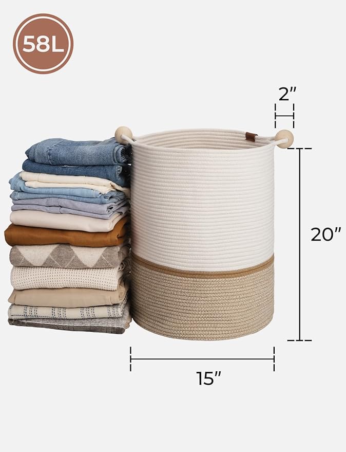 StorageWorks 58L Cotton Rope Laundry Basket with Wooden Beads Handles, Woven Basket for Storage, Dirty Clothes, Kids Toys, Towels, White & Khaki