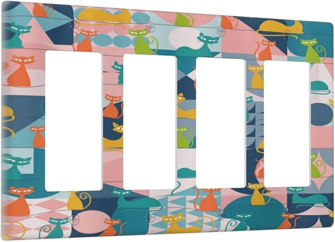 Mid Century Modern Atomic Cute Cats 4 Gang Rocker Decora Light Switch Cover Outlet Covers Wall Plate Decorative Switchplate Electrical Faceplate GFCI for Kidroom Nursery Bedroom Decor