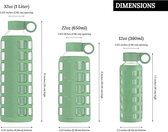 purifyou Premium 40/32 / 22/12 oz Glass Water Bottles with Volume & Times to Drink, Silicone Sleeve & Stainless Steel Lid Insert, Reusable Bottle for Fridge Water, Milk, Juice (32oz Shale Green)