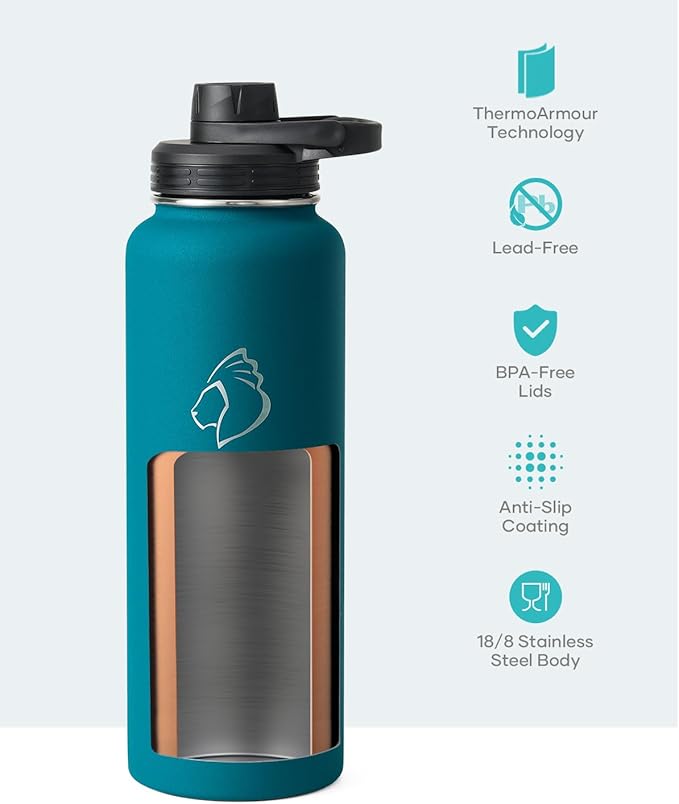BUZIO Water Bottle with Straw lid, Spout Lid, Hand Lid and Carrying Pouch, 32oz 40oz 64oz Stainless Steel Water Flask Jug, Cold for 48 Hrs Hot for 24 Hrs Double Vacuum Thermo Canteen Mug, BPA-Free
