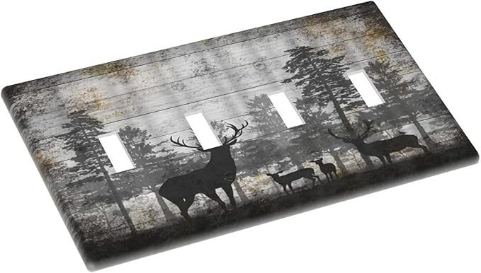 Rustic Deer Forest Vintage Wood Board Quad Toggle Boho Light Switch Covers Decorative Country Unique 4 Gang Wall Plate Electrical Faceplate Switchplate for Farmhouse Bedroom Decor