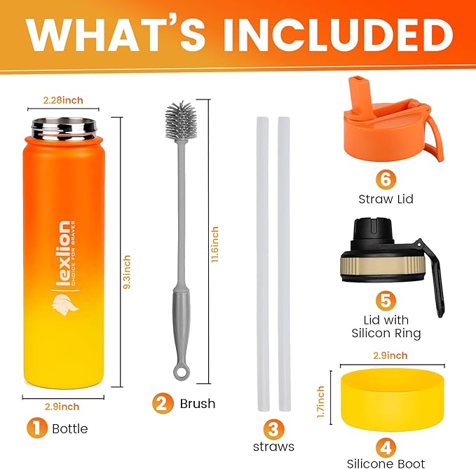 Water Bottle 22oz, Triple Walled Insulated Stainless Steel Reusable Bottle, Silicone Sleeve, Cleaning Brush, 2 Lids (Spout lid & Straw lid w/2 straw), Metal Mug Gallon, BPA Free, Sunset