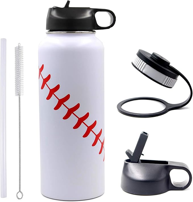 40 oz Baseball Water Bottle, Sports Flask Metal Travel Tumbler with 2 Lids 18/8 Stainless Steel Double Wall Vacuum Insulated Hot/Cold (40oz, White baseball)